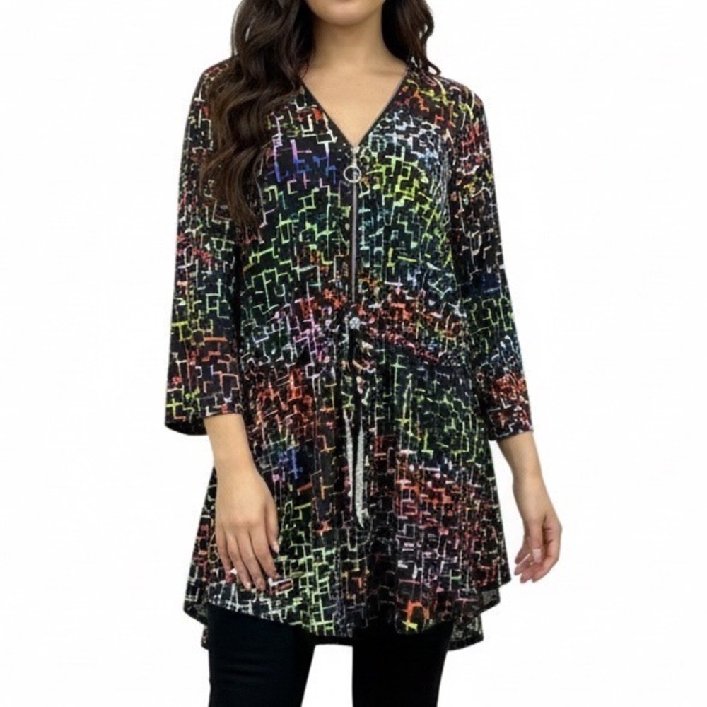 Avenue Zip Front V-Neck Rainbow Multicolor Print Black Tunic 18/20 3/4‎ Sleeve
